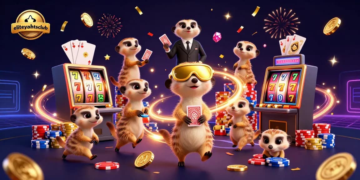 Join the thrilling action at eliteyachtsclub with a fun meerkat casino scene featuring slots, cards, and excitement!