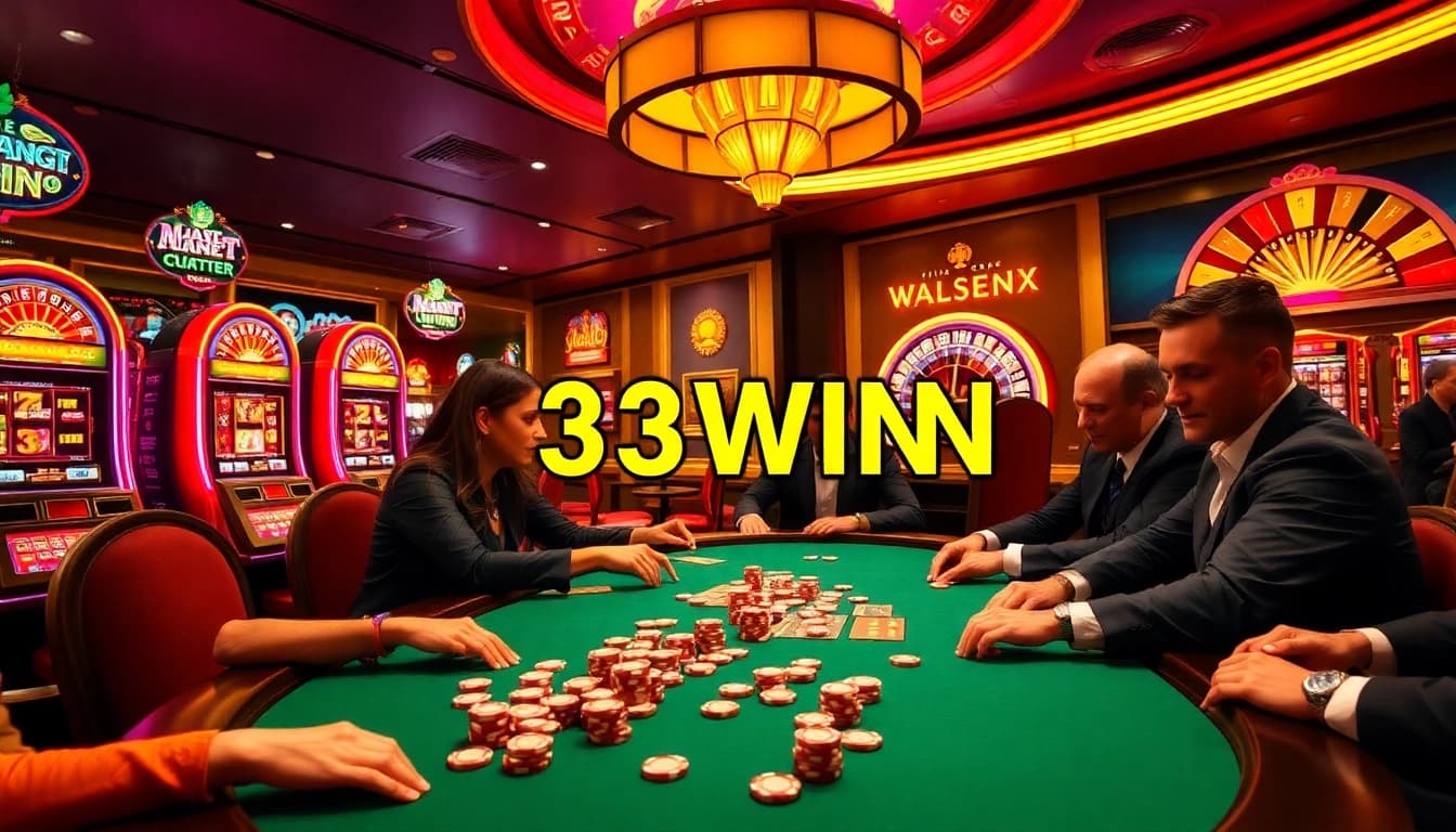 Players engaging at a 33WIN poker table surrounded by vibrant slot machines.