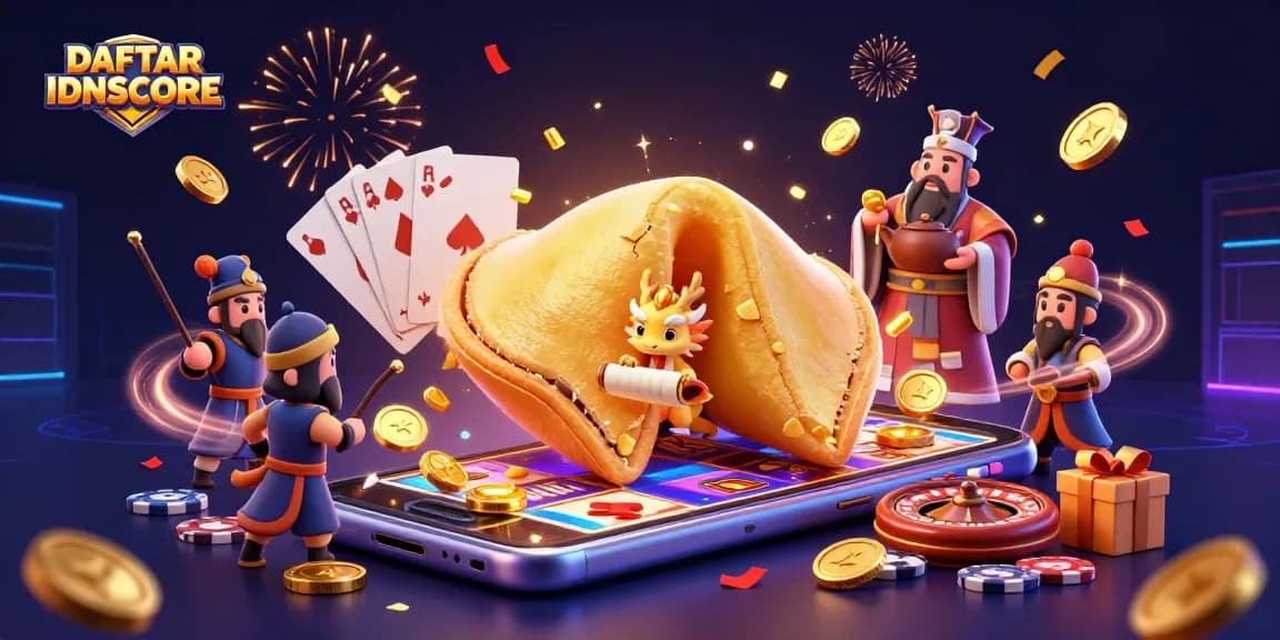 DAFTAR IDNSCORE showcases a vibrant casino-themed illustration featuring characters with gaming elements.