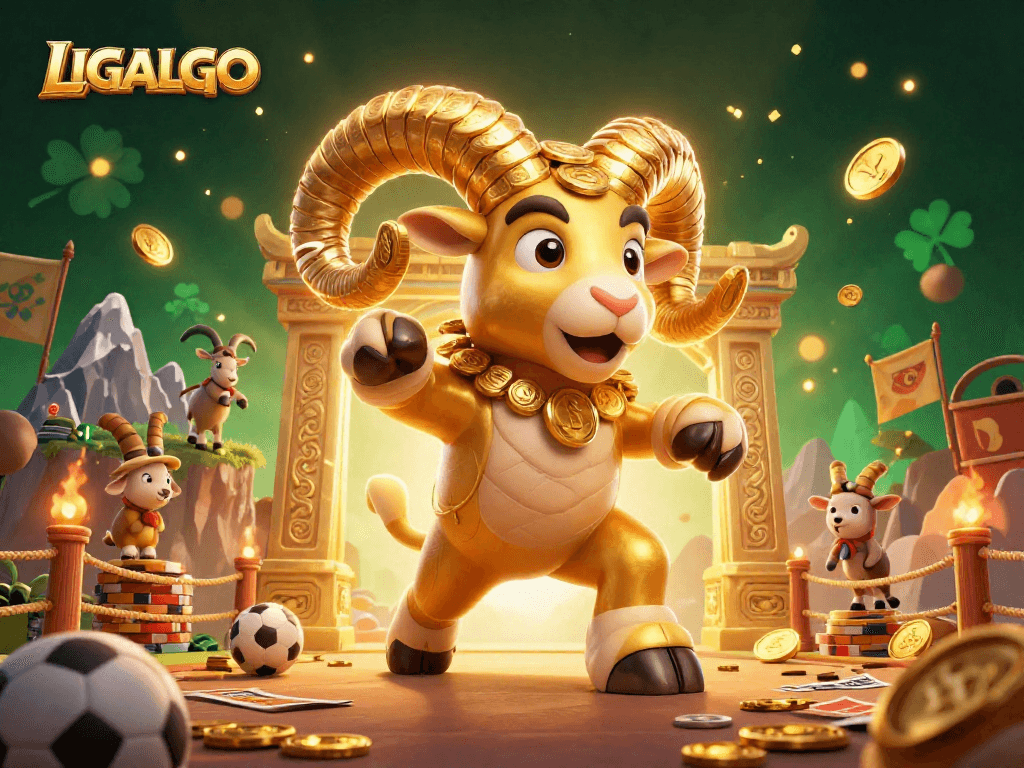 LIGALGO sports betting scene featuring a majestic golden ram charging through an elaborate arena.