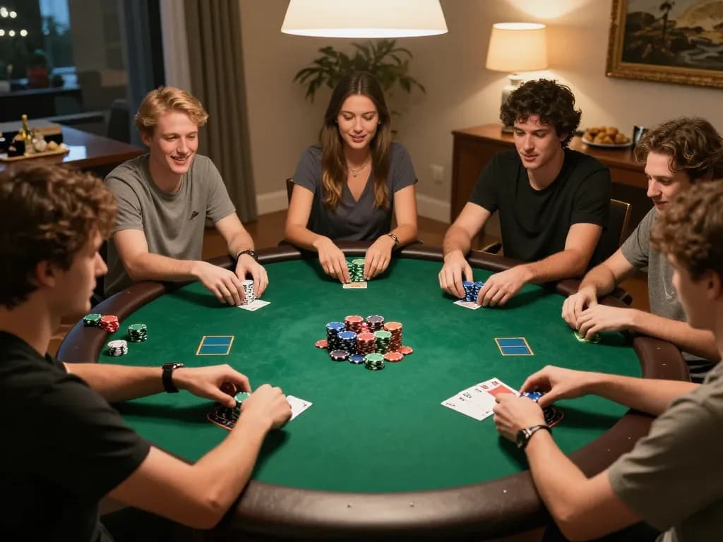 Players enjoying an exciting poker game night at home, focusing on strategic moves and gem88 gambling fun.