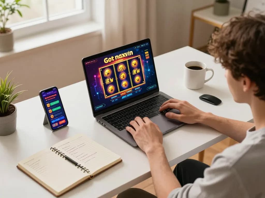 Engaging online gaming setup focused on playing slot gacor maxwin with laptop and notebook, showcasing responsible gaming.