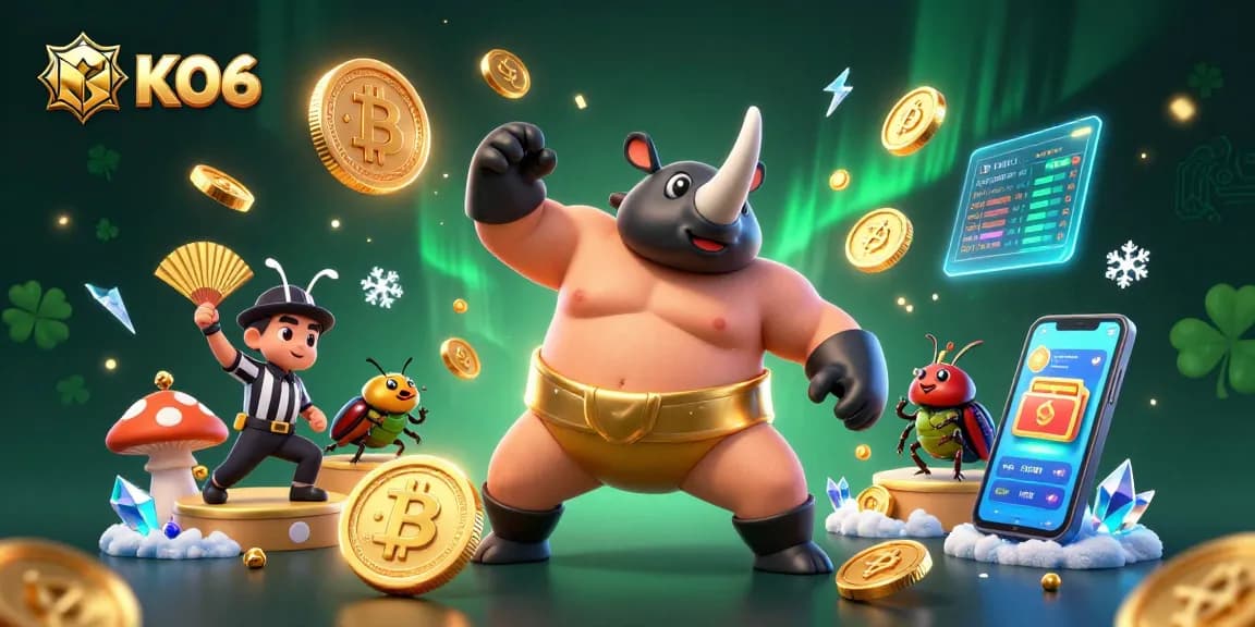 KO66 gameplay scene featuring a 3D cartoon rhinoceros beetle sumo champion surrounded by vibrant casino elements.