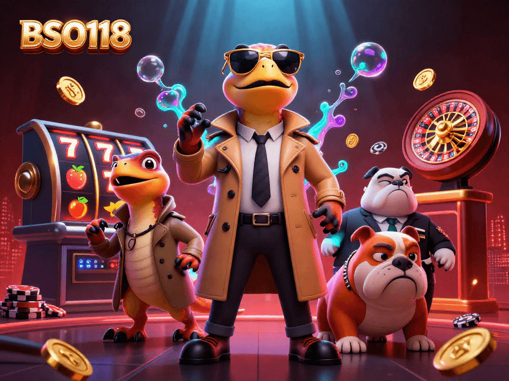 BSO118 showcases cartoon raptors entering a VIP casino with vibrant slot elements and energetic atmosphere.