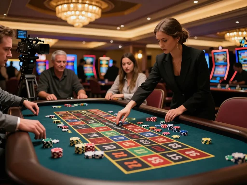 fly88 players engaging in an intense roulette game with colorful chips and eager expressions