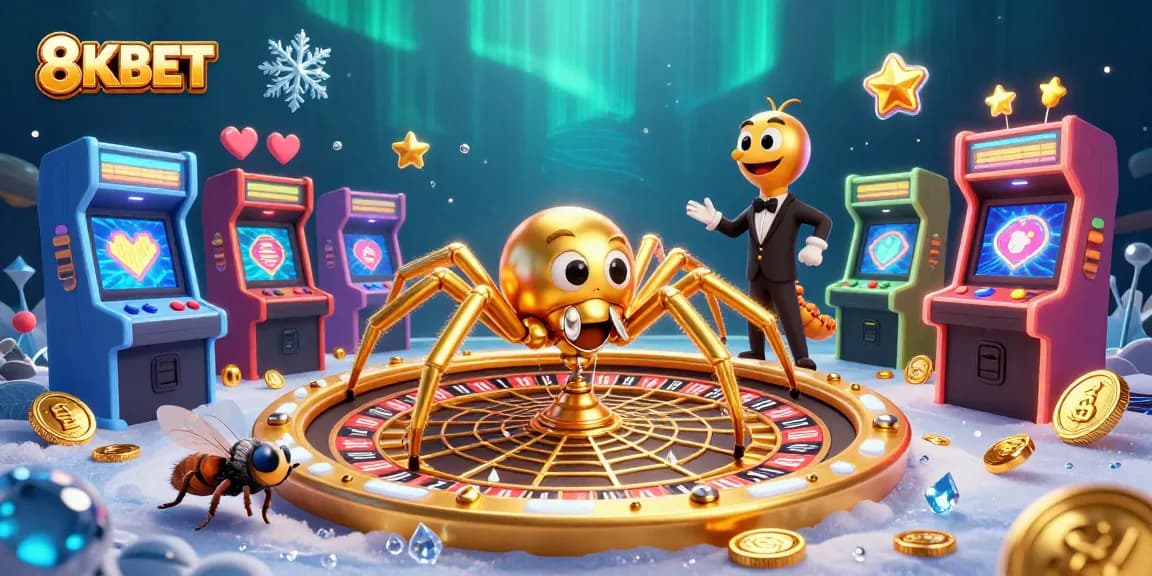 Bet big with 8KBET at the roulette wheel while game machines surround the action.