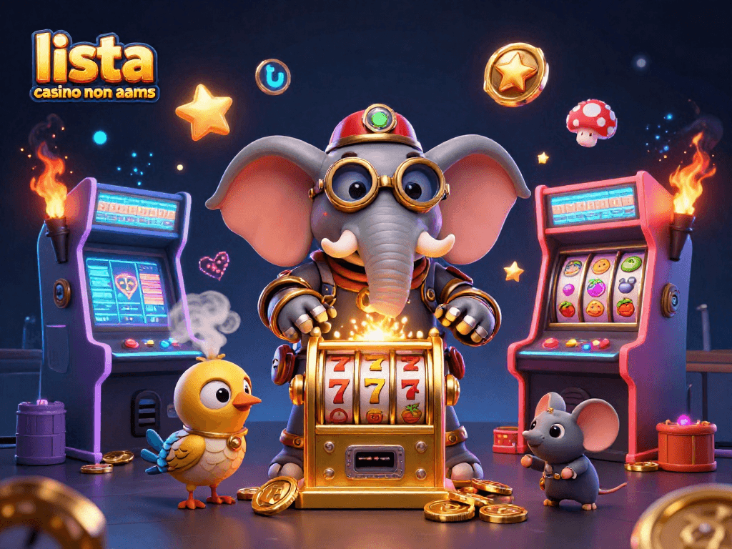 Gioca e vinci alla lista casino non aams, un'illustrazione vibrante di un elefante ingegnere steampunk in ambiente di gioco.