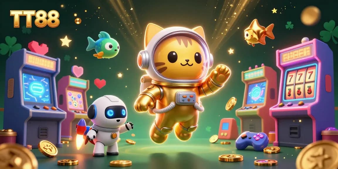 TT88 features a space cat and robot dog floating in a colorful casino-themed scene with slot reels and gaming elements.