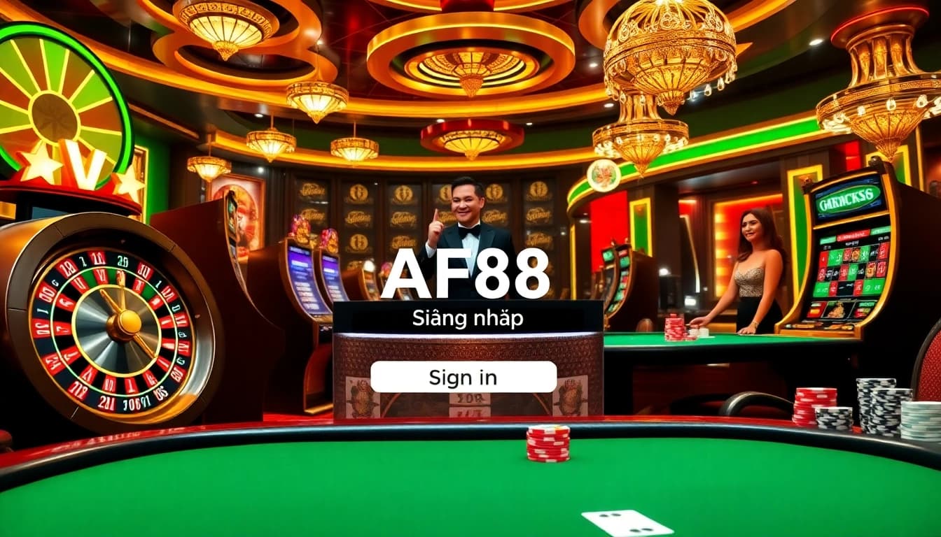 Engaging scene of players in a vibrant casino highlighting AF88 đăng nhập among roulette wheels and slot machines.