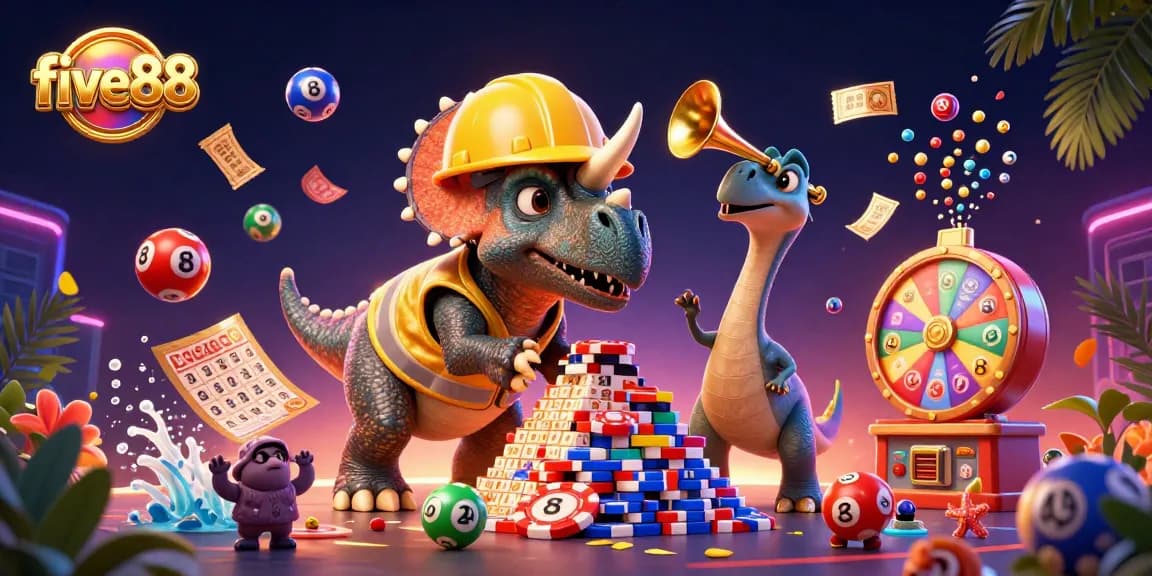 Experience the excitement of five88 with a lively scene of cartoon dinosaurs celebrating while building a poker chip pyramid.