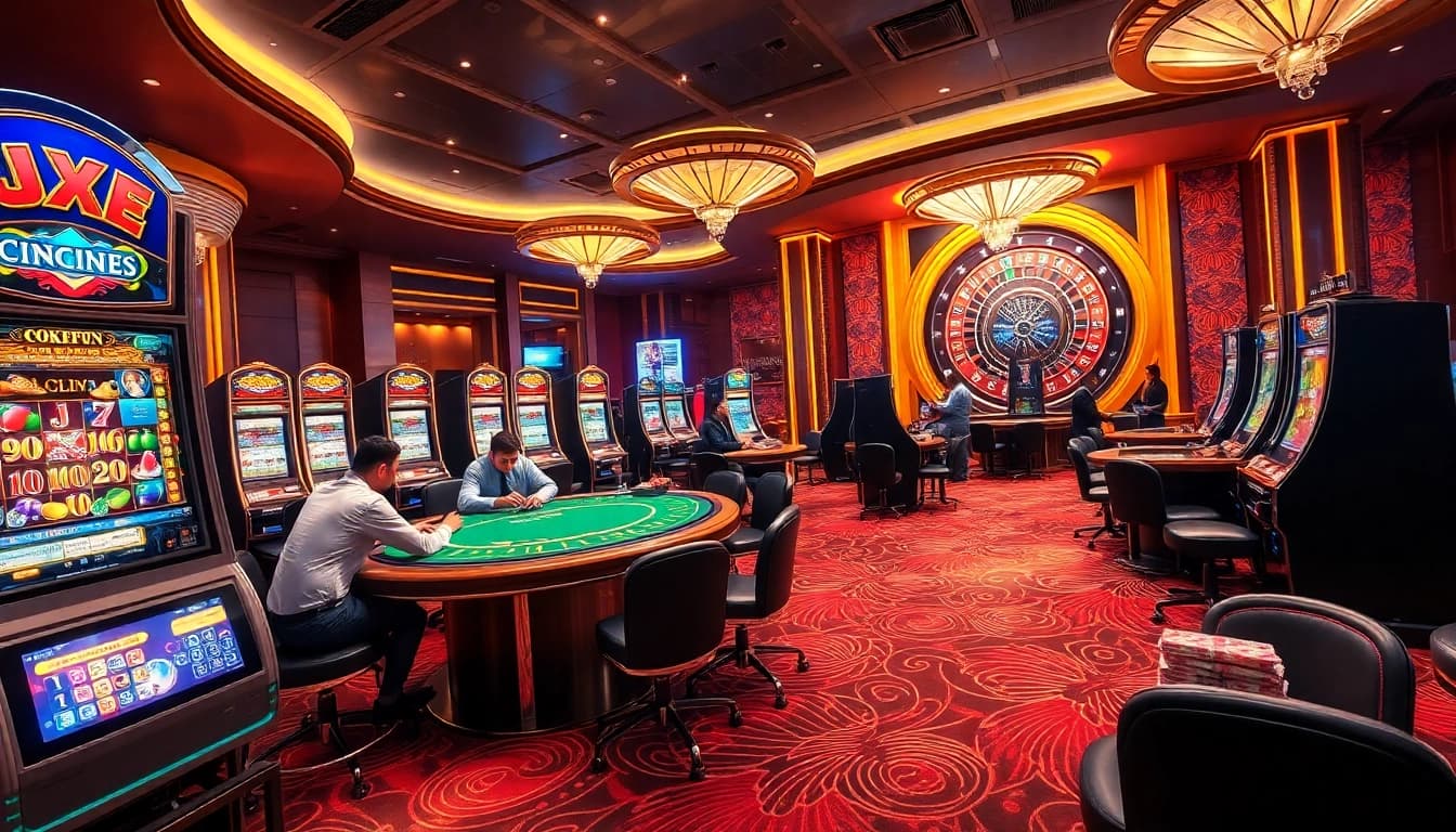 Experience the thrill of gaming at OKFUN's vibrant casino featuring poker tables and slot machines.