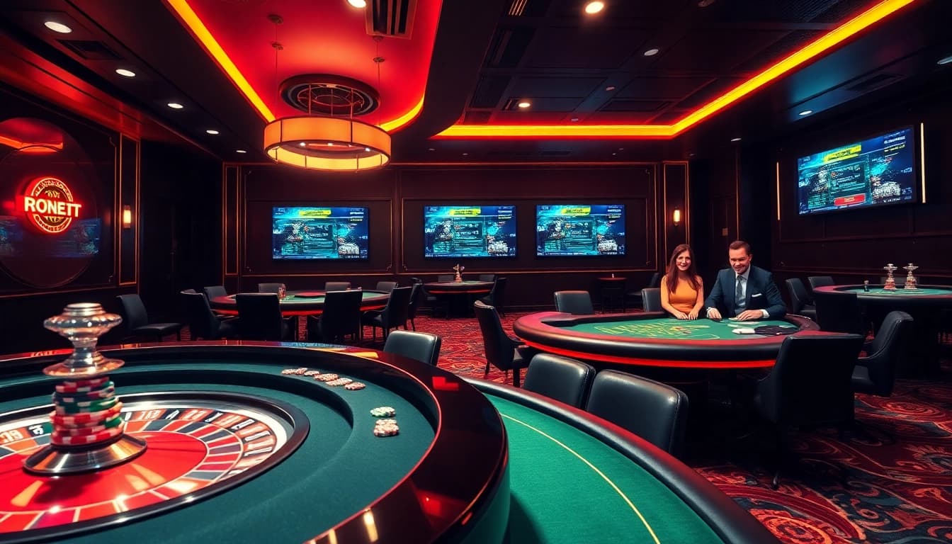 Players enjoying poker and roulette at an elegant casino, highlighting https://69vn.br.com/ vibrant gaming experience.