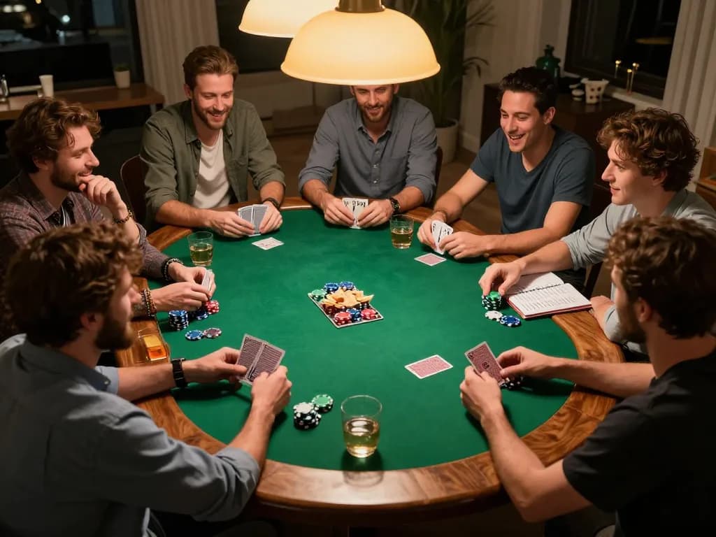 Players enjoying a home poker night, engaging in strategic bets and card games, showcasing the essence of rik88 bet.