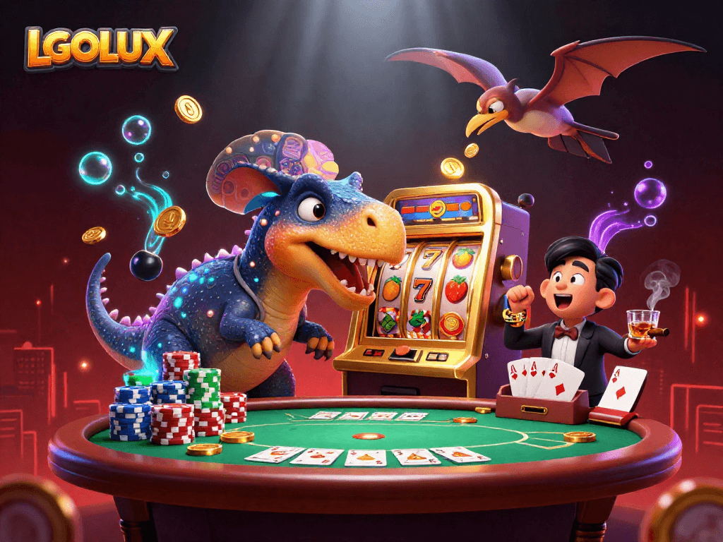 Experience LGOLUX's thrilling innovation in a vibrant casino scene with jackpots and lively characters.