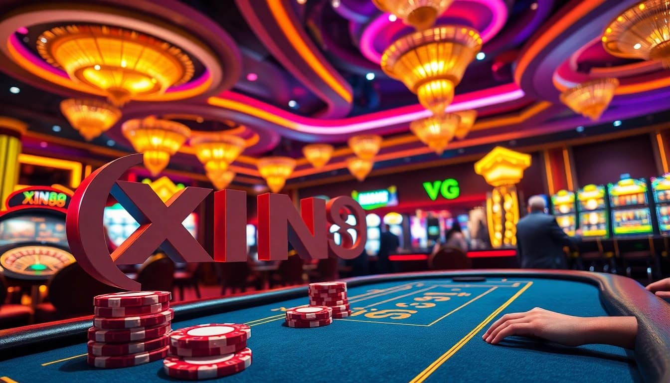 A thrilling poker game at xin88's casino with vibrant chips and a casino atmosphere.