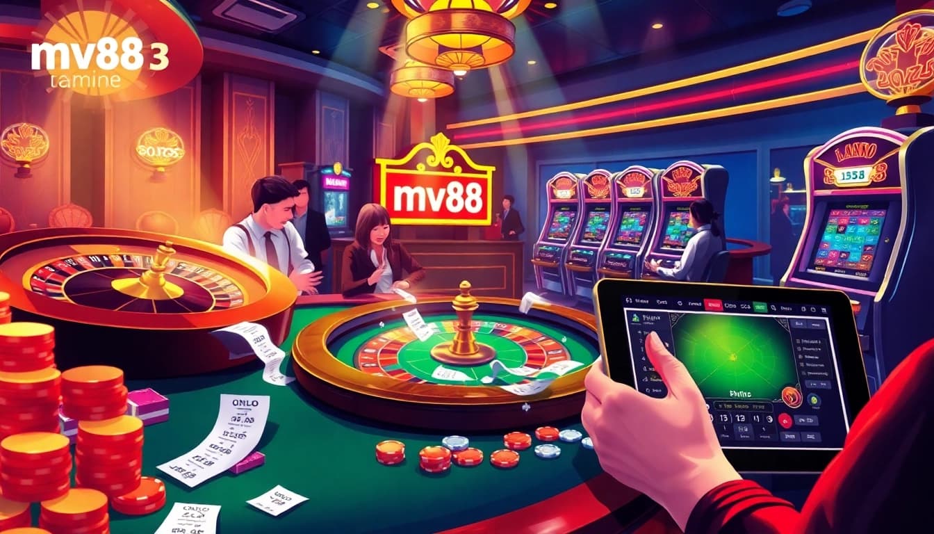 Experience the thrill of betting at MV88's luxurious casino with poker chips and roulette.