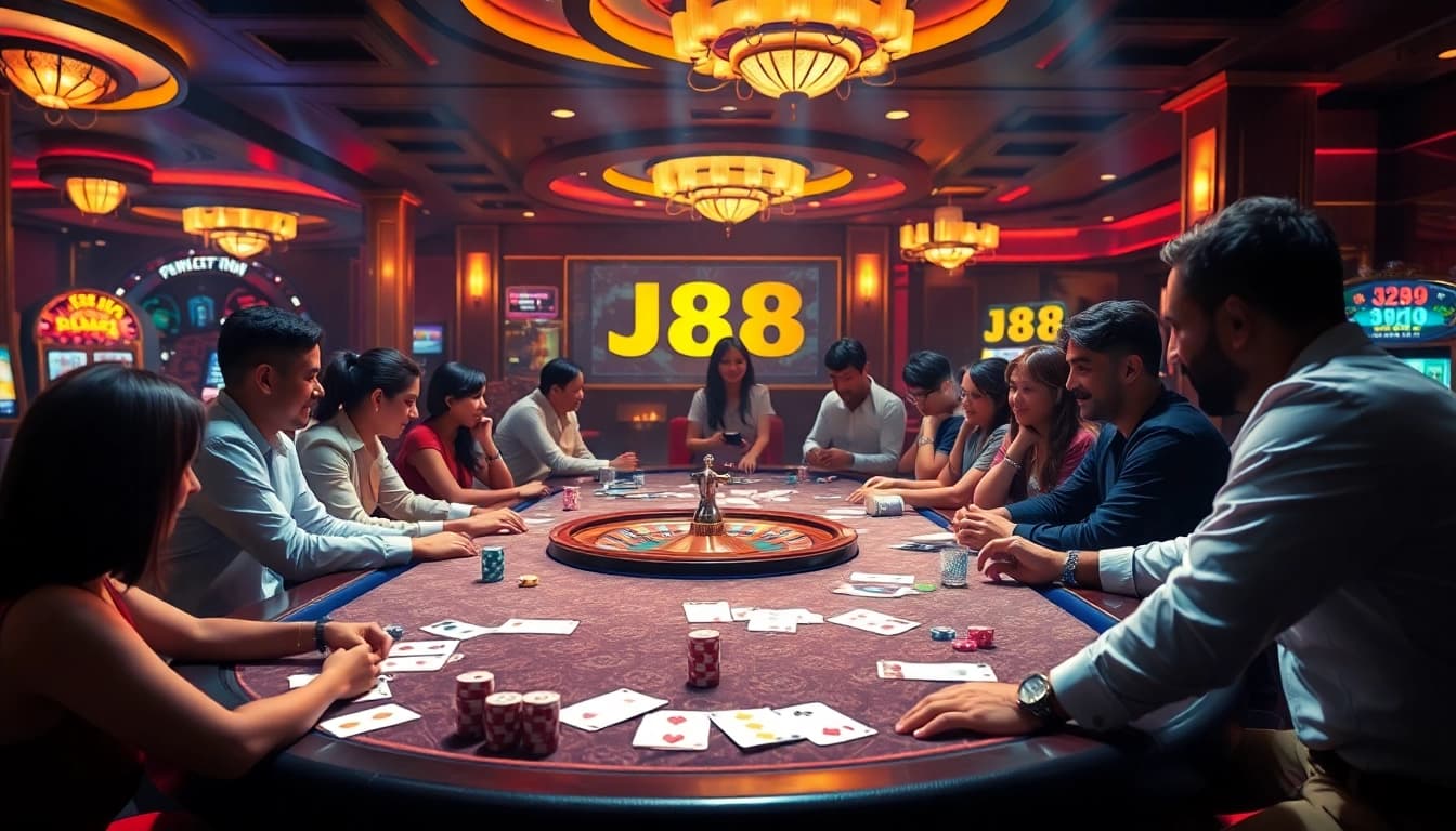 Experience the thrill of J88 casino gaming with vibrant tables, poker chips, and a stunning roulette wheel.