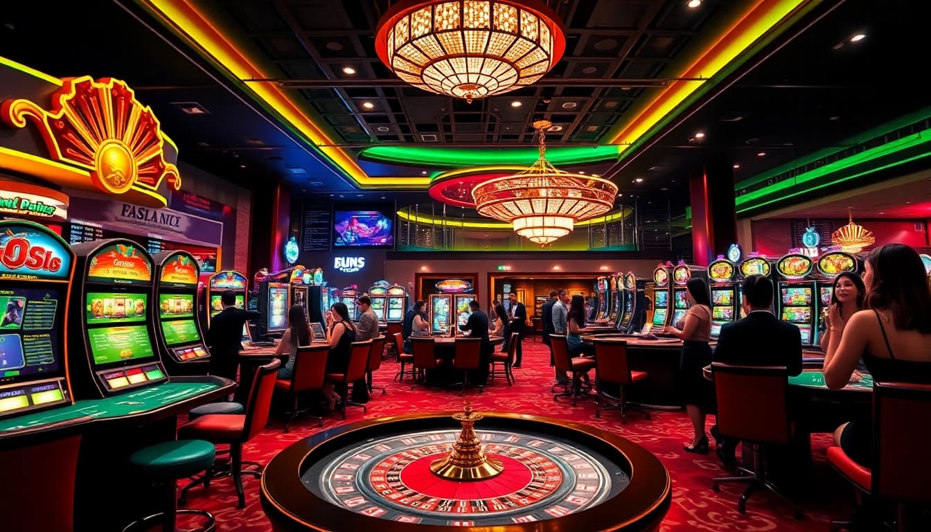 MMOO online casino environment showcasing luxury gaming with players engaged at slot machines and poker tables.