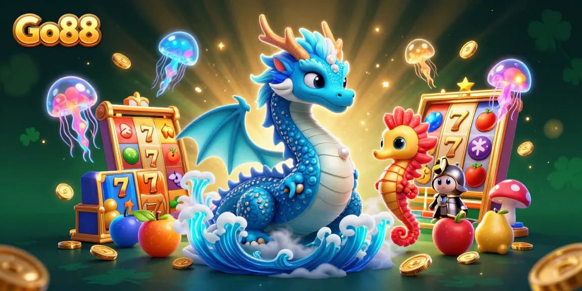 Experience exhilarating gaming action at Go88 with a vibrant 3D casino scene featuring a water dragon and neon jellyfish.