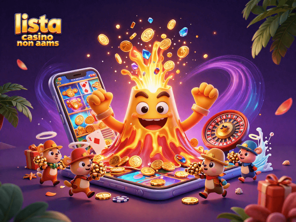 Scopri la lista casino non aams con vulcani d'oro e tesori scoppiettanti in un'illustrazione vibrante.