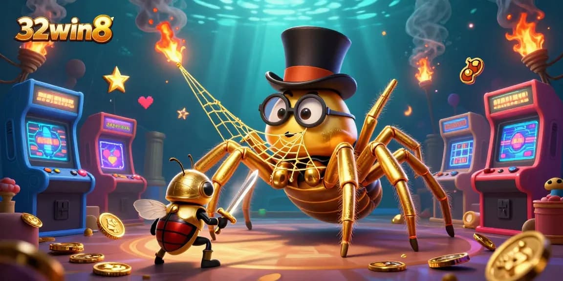 Experience the thrilling excitement of 32win8 with a golden tarantula and a beetle knight in a magical casino setting.