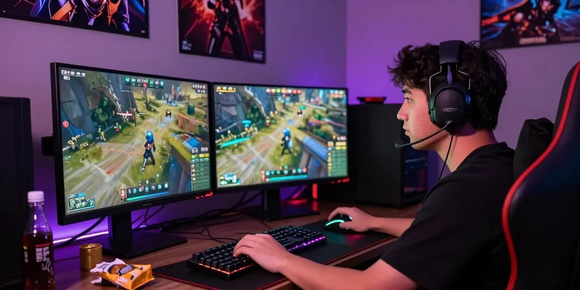 Engaged gamer utilizing PROOFCORE.IO's features on dual monitors during an intense gaming session.