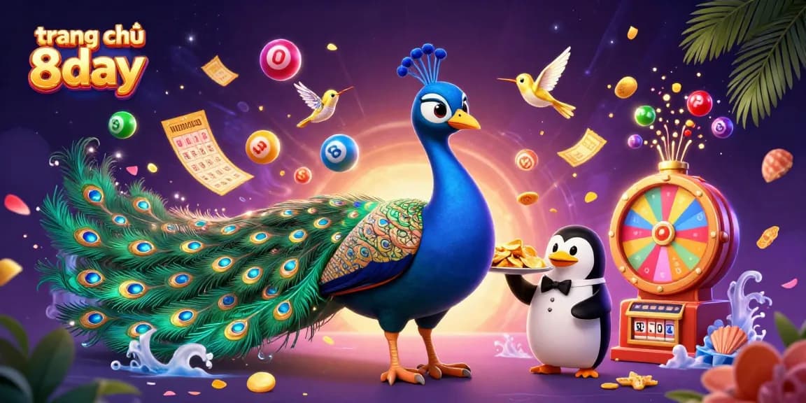 Experience exciting games on trang chủ 8day with vibrant illustrated characters in a whimsical casino setting.