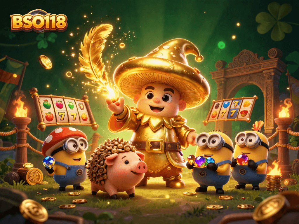 Engage with BSO118's casino adventure featuring a golden mushroom wizard amidst slot machines.