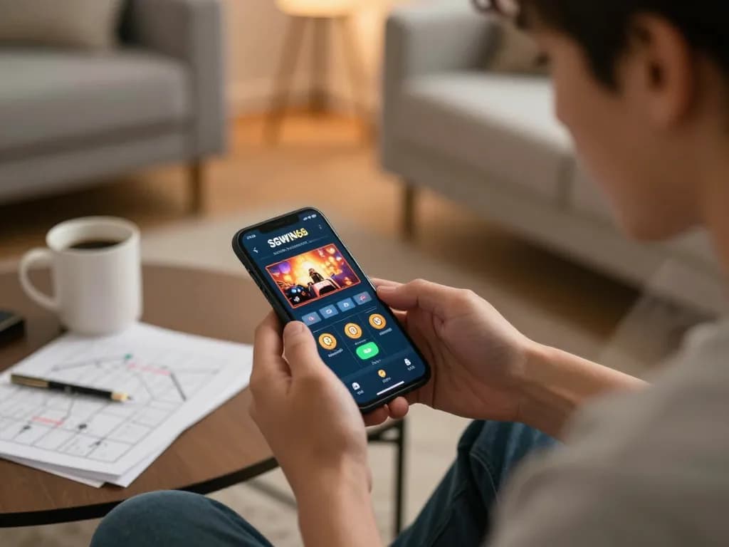 Player engaging with SGWIN66 casino app on smartphone, showcasing a home gaming experience with strategic notes