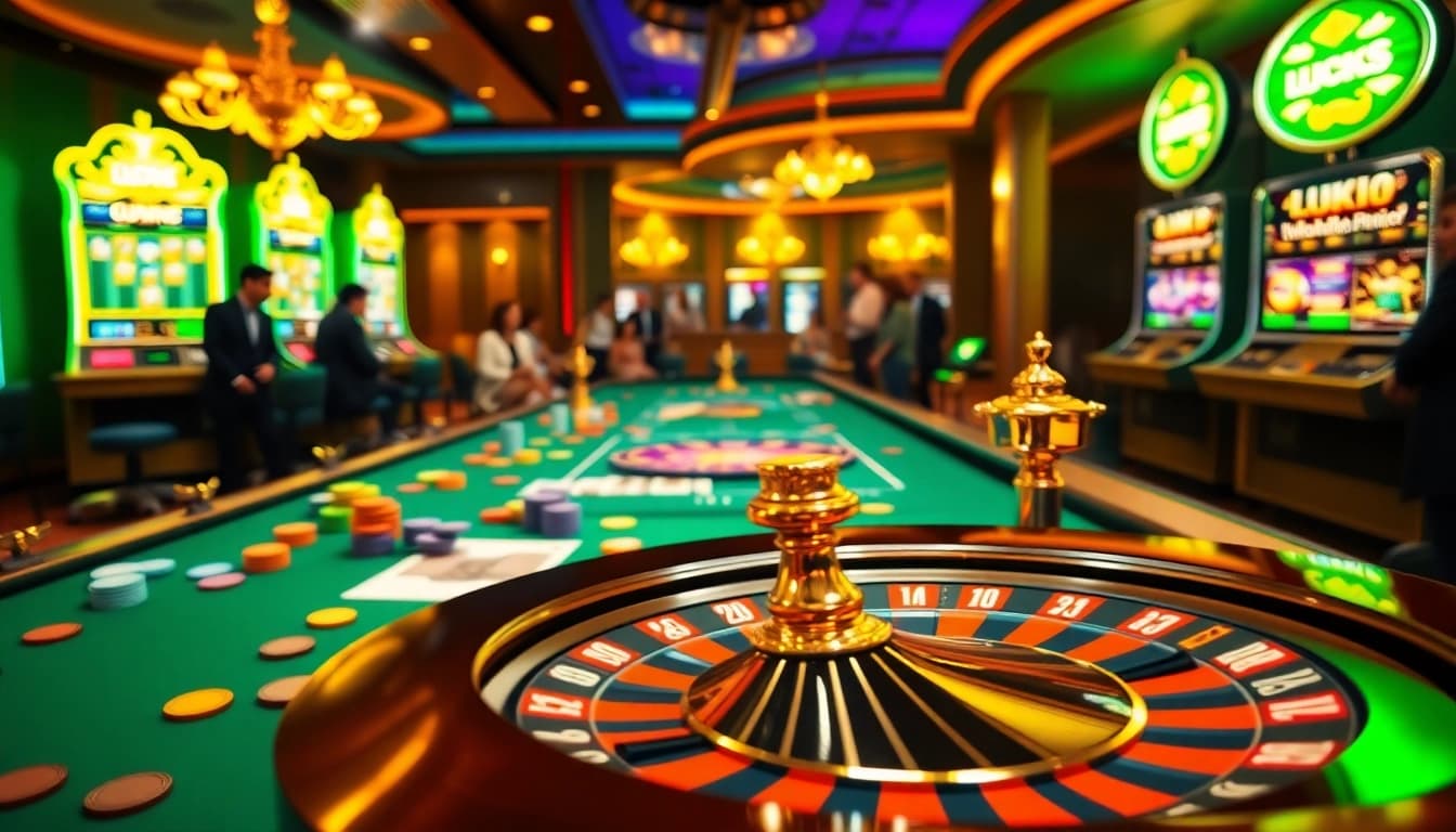 LUCK8 players enjoying vibrant casino action at roulette and slot machines.
