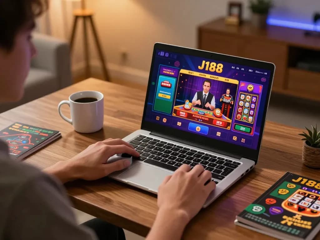 Engaging online gameplay with J188 casino app on laptop, showcasing dynamic gaming action and cozy atmosphere.