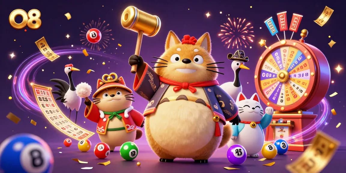 Engage with O8's vibrant casino atmosphere, featuring a tanuki and lucky symbols in a dynamic 3D scene.