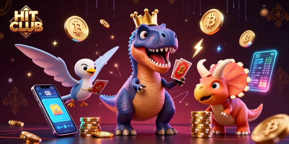 Join the excitement at HIT CLUB with a T-Rex shuffling cards and dinosaurs stacking winnings in a vibrant casino scene.
