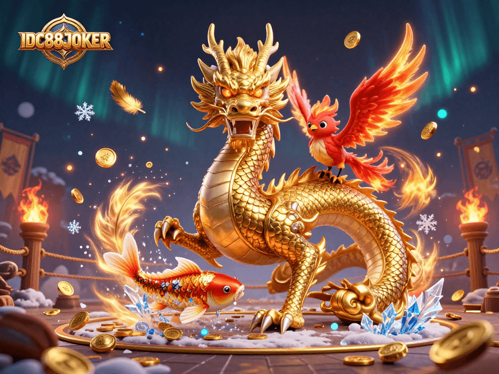 Engage with thrilling gameplay at IDC88JOKER featuring a dragon, phoenix, and koi in a vibrant casino scene.