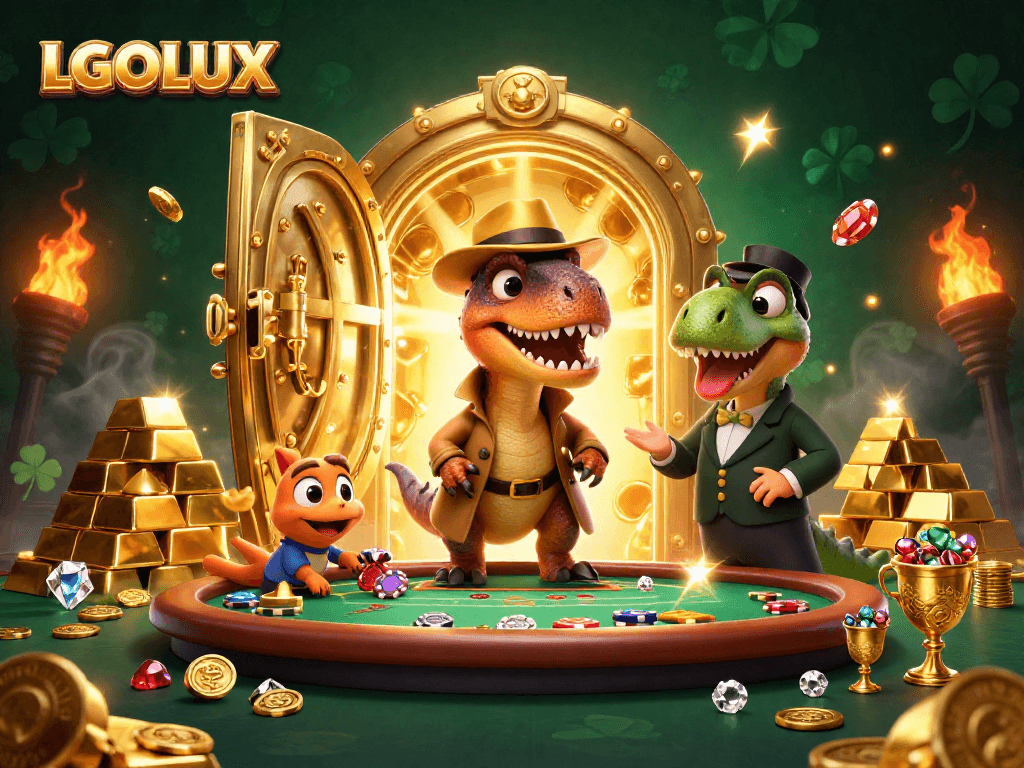 Experience the thrill at LGOLUX as a velociraptor card counter blends into the casino scene.