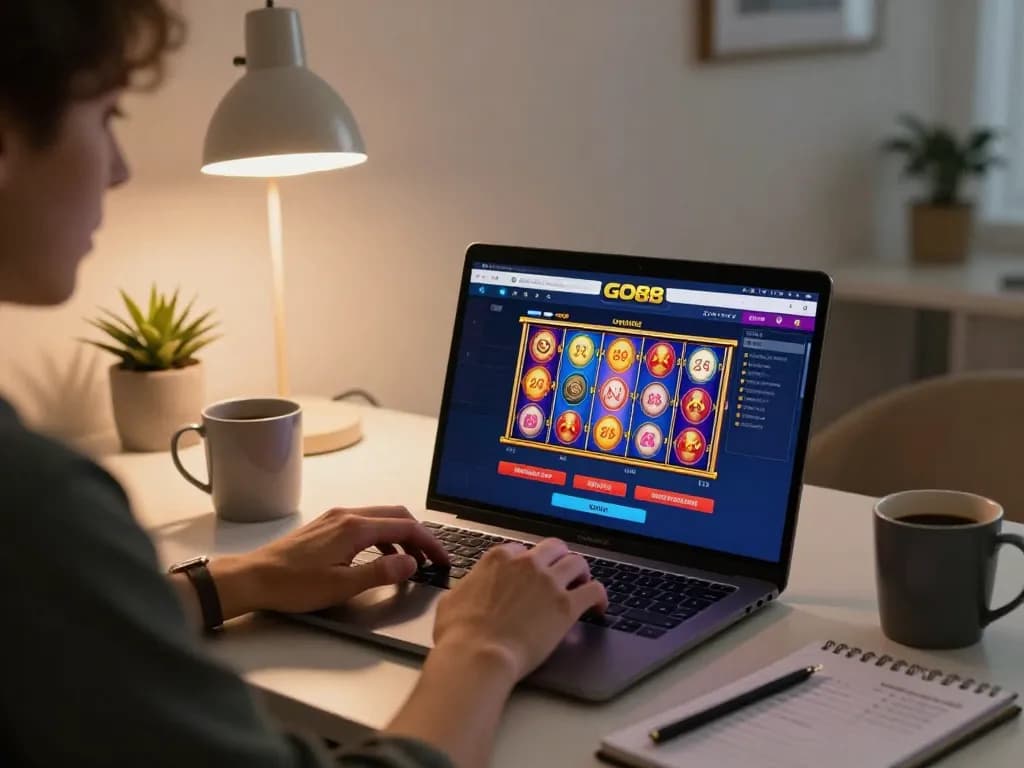 Player engaging with GO88's online games on a laptop, showcasing exciting betting strategies.