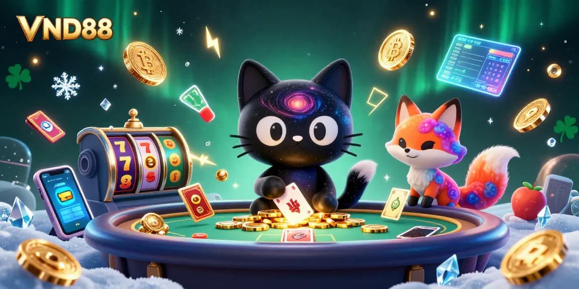 Engage with VND88's cosmic casino fun featuring a black hole cat and a nebula fox in a vibrant scene.