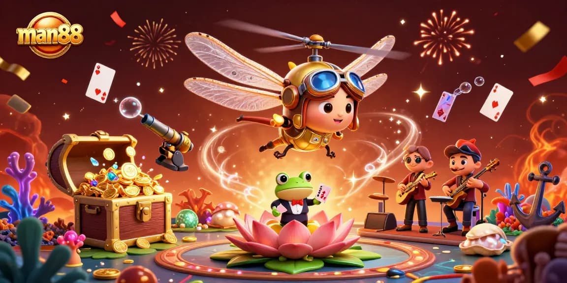 Immerse in man88 action with a 3D dragonfly pilot and a frog croupier at a vibrant lily pad casino.