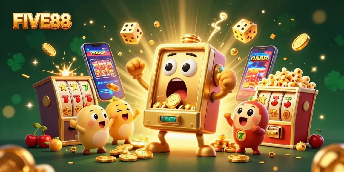 Experience excitement with FIVE88's vibrant slot machines celebrating a jackpot win amidst flying symbols.