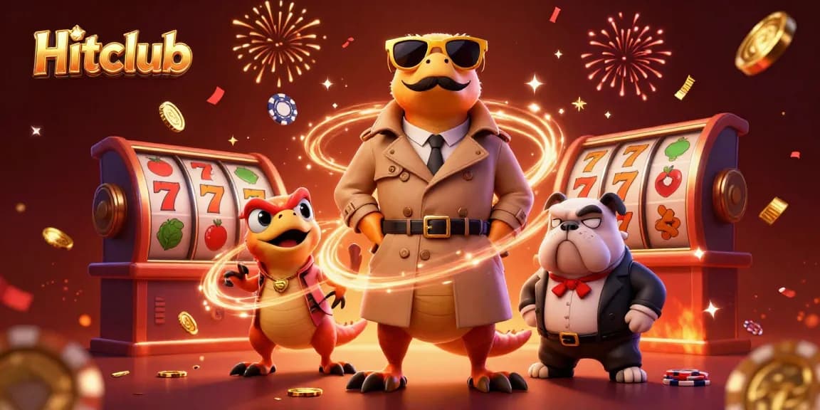 Hitclub raptors in a trench coat navigating a vibrant casino scene filled with slot symbols.