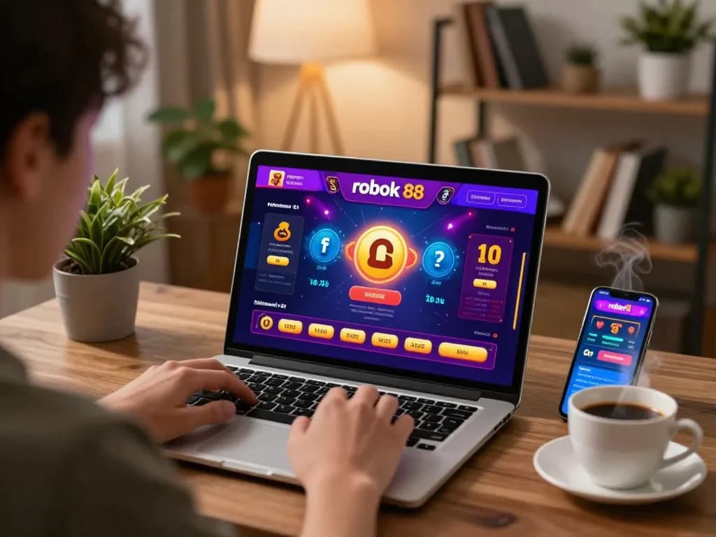 Player engaging with rokok 88 online casino on laptop, analyzing betting strategies in a cozy home setting.