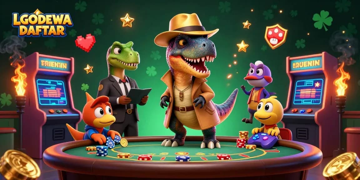 Exciting LGODEWA DAFTAR gaming scene with vibrant 3D characters at a casino table.