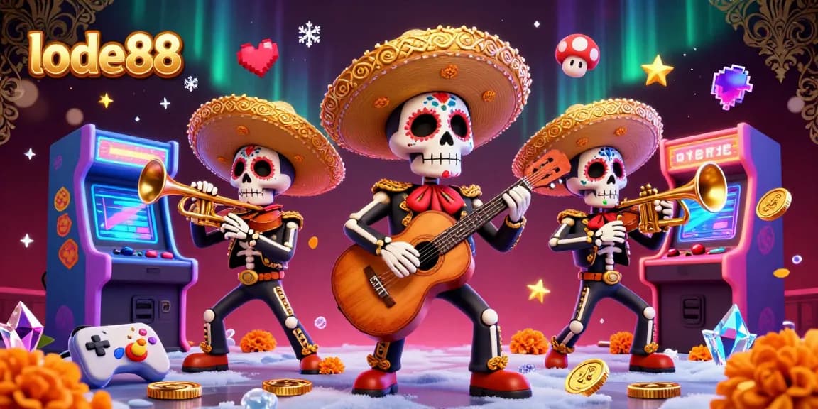 Experience lode88 with a vibrant 3D mariachi band surrounded by exciting arcade game elements.