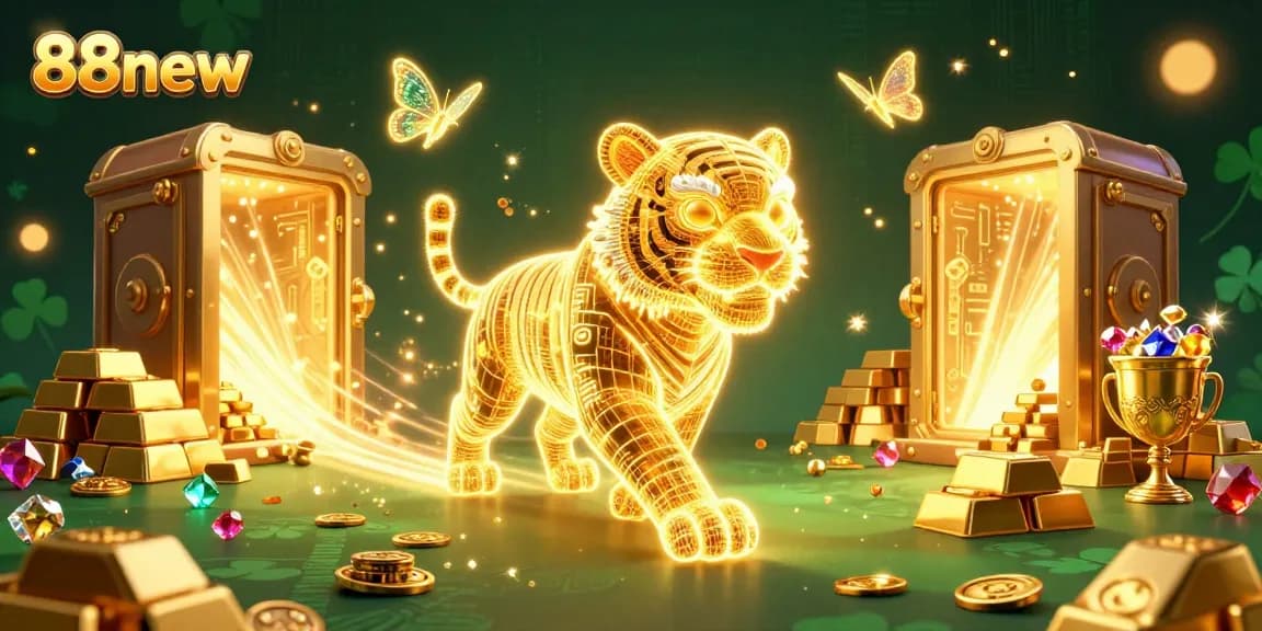 Bet on exciting games at 88new, featuring vibrant neon-tiger surrounded by gold treasures in a digital casino.