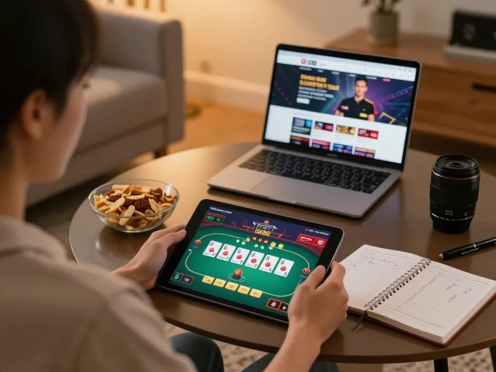 Play online casino GK88 uk net with tablet in cozy home setting enjoying a relaxed gaming atmosphere.