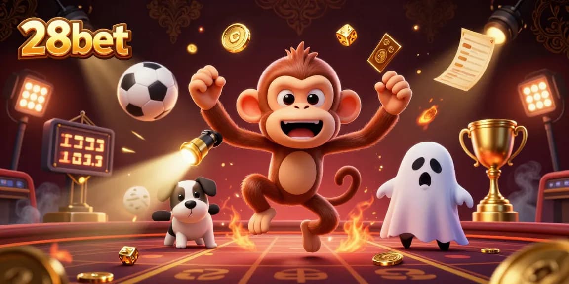Experience high-energy sports betting with 28bet's thrilling casino scene featuring dynamic characters and elements.