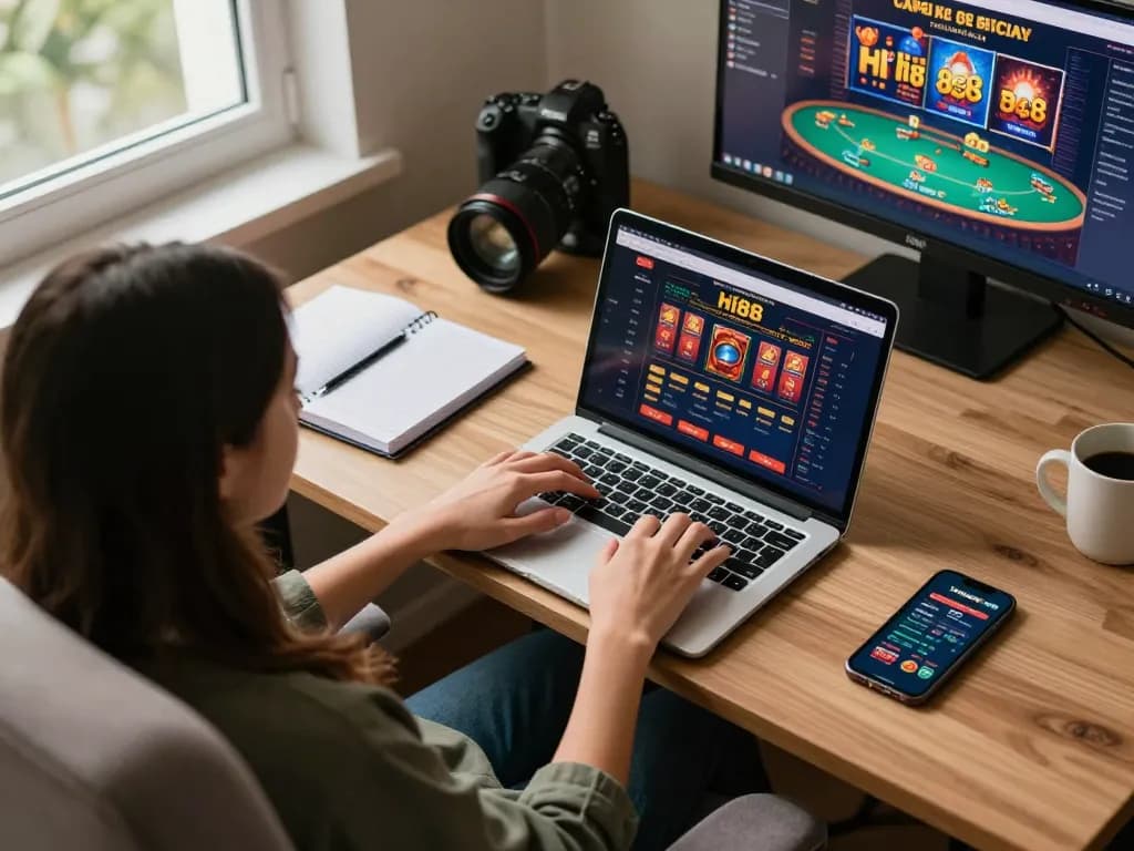 Player engaging with the hi88 casino website on a laptop in a cozy home setup.