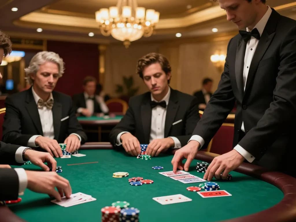 Players engaged in a strategic poker game at a lavish casino with excitement and anticipation at 789.