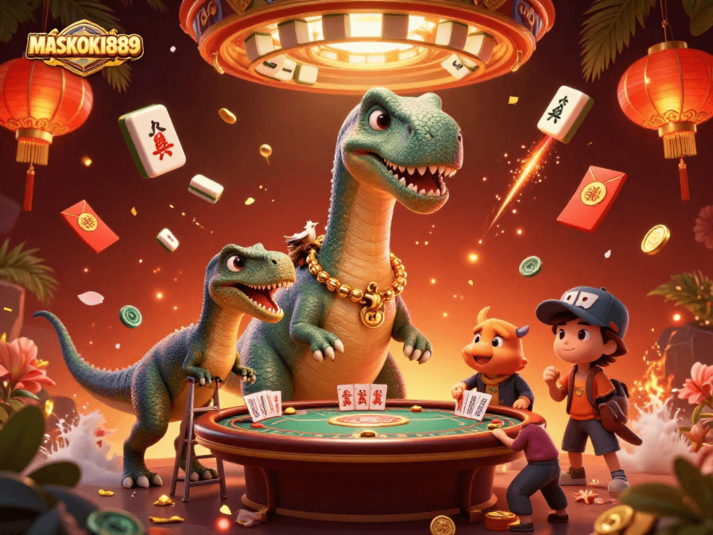 Exciting scene featuring the brontosaurus and raptor at MASKOKI889's vibrant casino table.