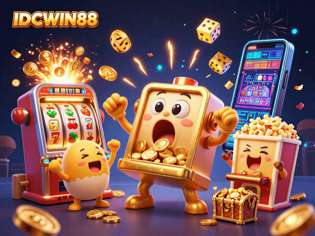 Experience thrilling wins with IDCWIN88's golden slot machines hitting jackpots and pouring coins.